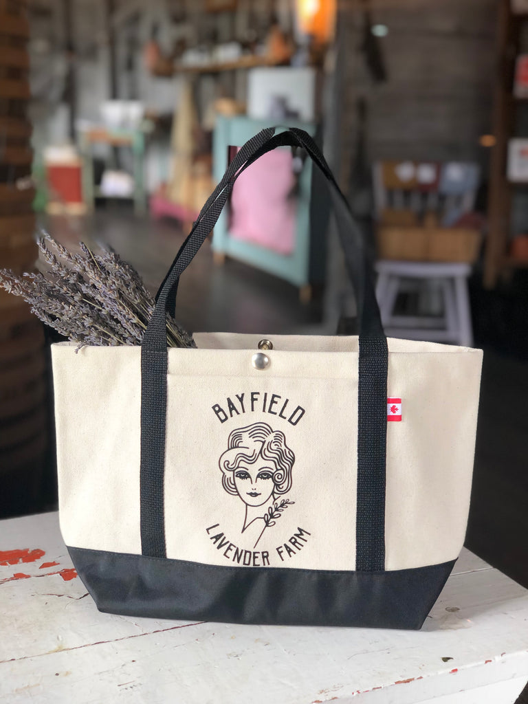 Bayfield Lavender Farm tote bag (made in Ontario) in the farm shop outside of Bayfield, Ontario. 