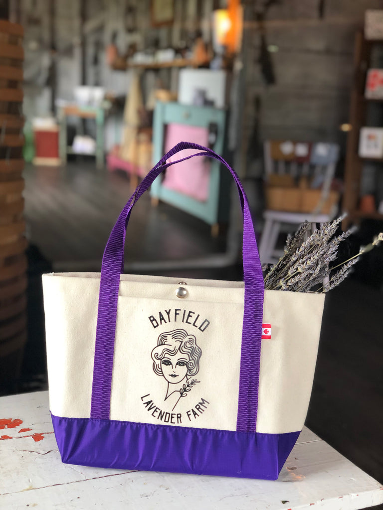 Bayfield Lavender Farm tote (made in Ontario) in purple at the farm shop just outside of Bayfield, Ontario.